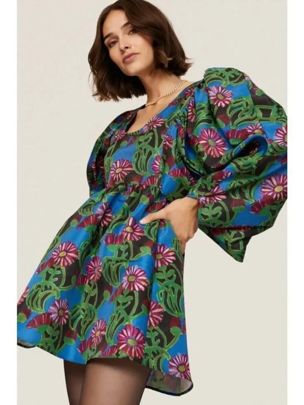 La Double J Dolly Dress Mini Gerber Floral Balloon Sleeve Luxe Faille Gorgeous!